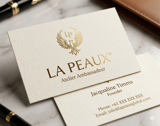 La Peaux business card on a marble surface with pens.